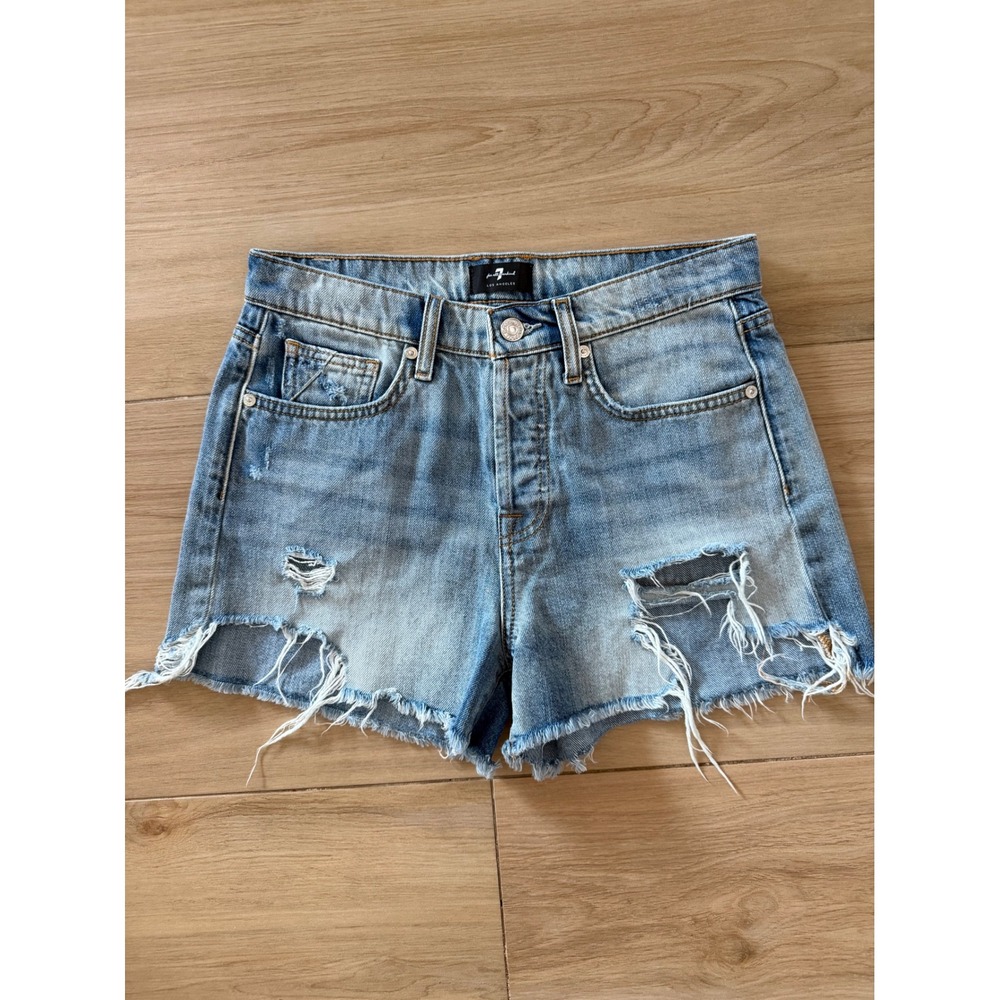 7 For All Mankind Womens Distressed Denim Shorts Light Wash Button Fly Size 26